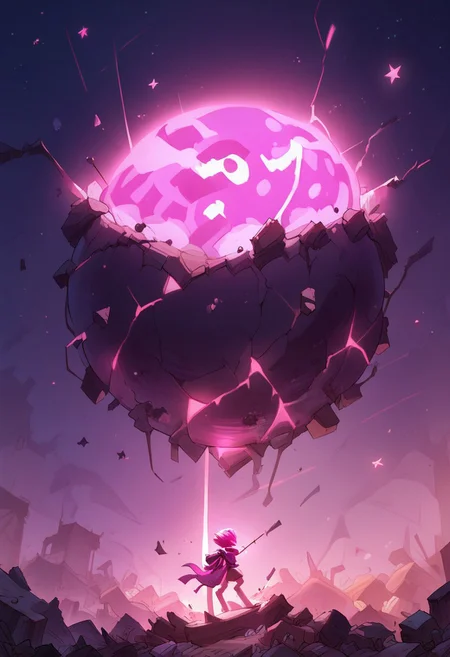 score_9, score_8_up, score_7_up, (((night time, pink lighting)), (dark airfield), giant mech, glowing eyes, (standing), (rubble, falling stars), (depth of field)