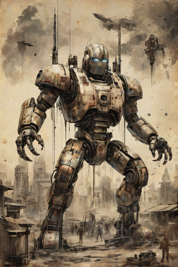 old indain book style ink illustration, on parchment, ink splashes, ink stains, ink smears, faded ink, (indian futuristic:1.5), indian distant future, giant indian-like robot protects indian city from alien invaders, gloomy tones,mentixis, linquivera