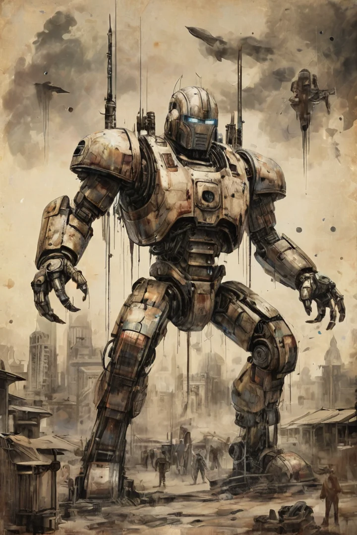 old indain book style ink illustration, on parchment, ink splashes, ink stains, ink smears, faded ink, (indian futuristic:1.5), indian distant future, giant indian-like robot protects indian city from alien invaders, gloomy tones,mentixis, linquivera
