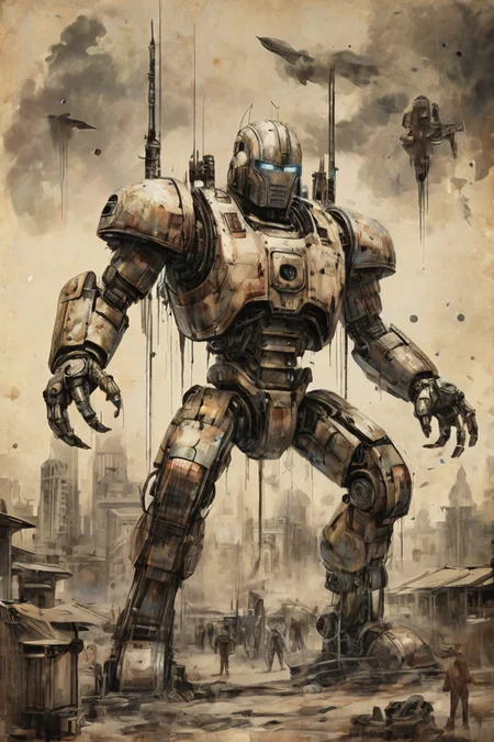 old indain book style ink illustration, on parchment, ink splashes, ink stains, ink smears, faded ink, (indian futuristic:1.5), indian distant future, giant indian-like robot protects indian city from alien invaders, gloomy tones,mentixis, linquivera