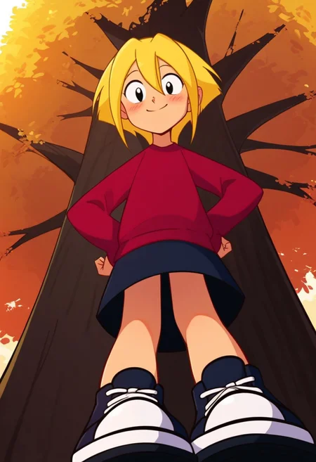 score_9, score_8_up, score_7_up, Expressiveh, 1girl, solo, Nana Novatori, blonde hair, black eyes, outdoors, red sweater, black skirt, black converse shoes, very accurate head, very accurate nana face character design, detailed lighting, cute pose, hands at the sides, hands covered by sweater sleeves, low-angle view, looking at viewer, cute smile, sunset, forced perspective, looking down at viewer, realistic anatomy, blushing, hands on the hips, shaded eyes, standing next to a detailed tree