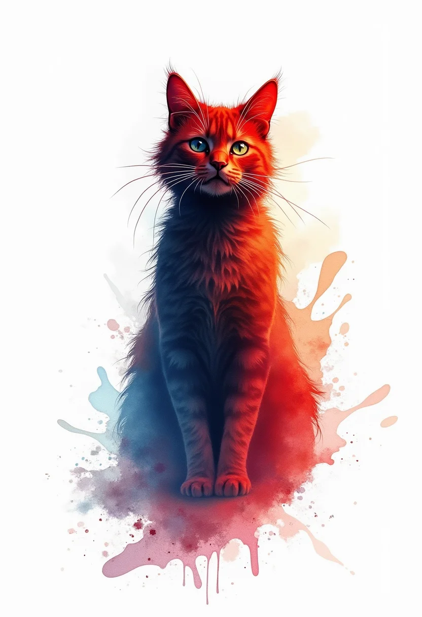 Imagine an Expressionistic interpretation of a catâs presence, rendered in dynamic watercolor splashes. Bold strokes of crimson, ochre, and deep indigo collide and intertwine, conveying a primal energy. The feline form is fragmented and distorted, expressing raw emotion and untamed spirit. A stark white background amplifies the intensity and dramatic flair of the artwork.