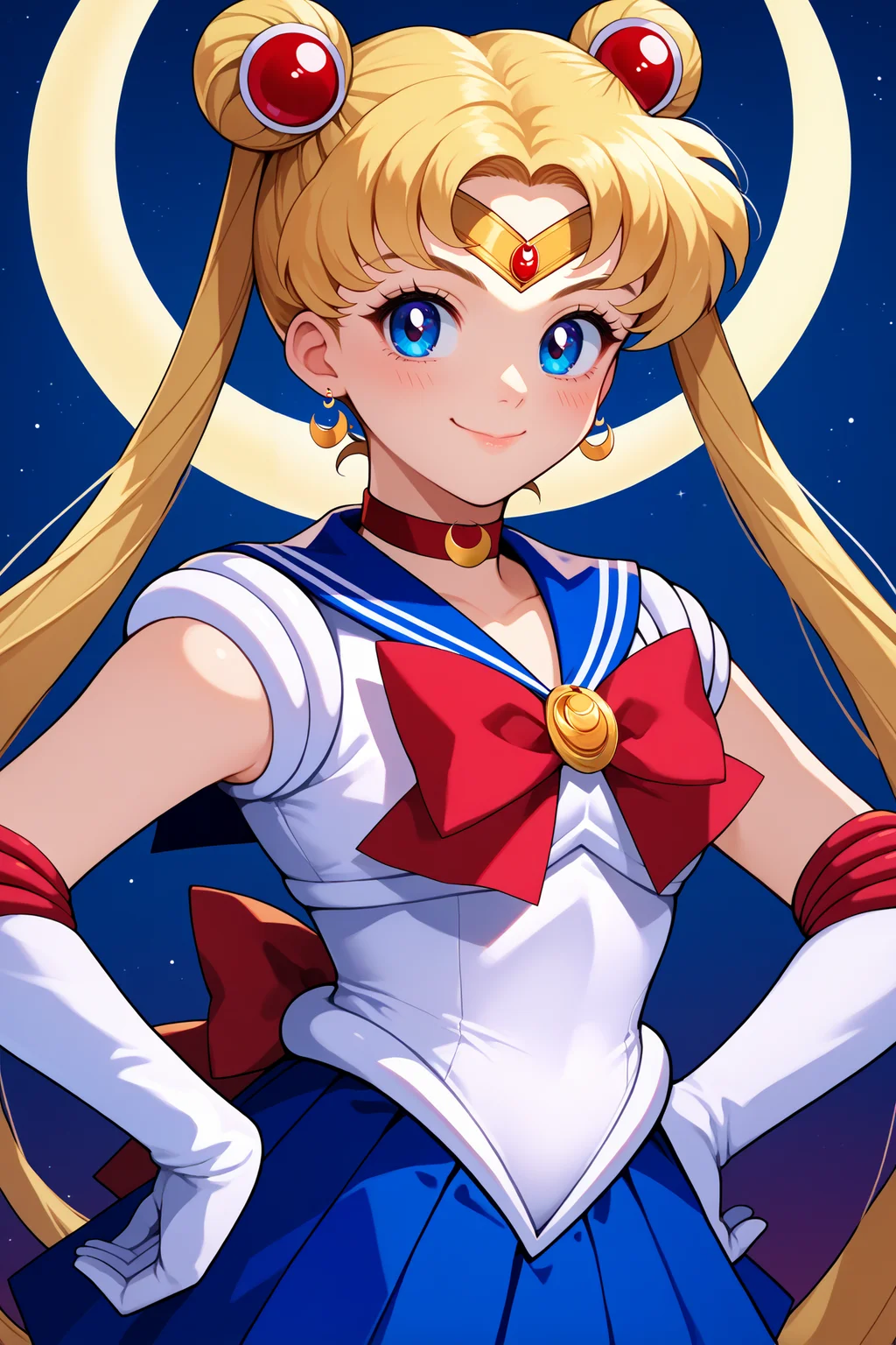score_9, score_8_up, score_7_up, score_6_up, source_anime, 1girl, solo, <lora:sailormoon-pdxl-nvwls-v1_1-000005:1> slrmn, twintails, double bun, blonde hair, very long hair, blue eyes, parted bangs, hair ornament, crescent earrings, red choker, blue sailor collar, red bowtie, brooch, white leotard, white shirt, sleeveless, blue skirt, white gloves, elbow gloves, magical girl, upper body, portrait, looking at you, smile, night sky, crescent moon, blush, hand on hip, happy, closed mouth