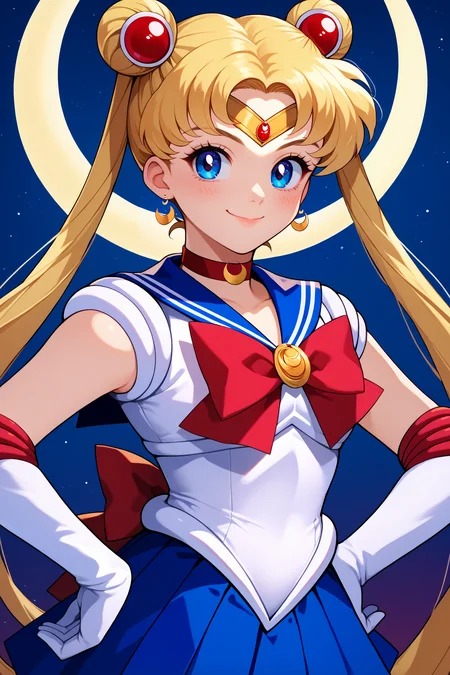 score_9, score_8_up, score_7_up, score_6_up, source_anime, 1girl, solo, <lora:sailormoon-pdxl-nvwls-v1_1-000005:1> slrmn, twintails, double bun, blonde hair, very long hair, blue eyes, parted bangs, hair ornament, crescent earrings, red choker, blue sailor collar, red bowtie, brooch, white leotard, white shirt, sleeveless, blue skirt, white gloves, elbow gloves, magical girl, upper body, portrait, looking at you, smile, night sky, crescent moon, blush, hand on hip, happy, closed mouth