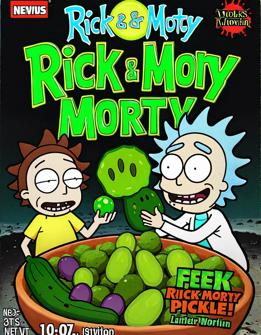 <lora:cereal_box_sdxl_v1:0.8>,Rick and Morty,pickle