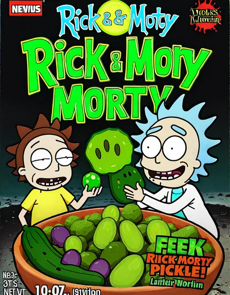 <lora:cereal_box_sdxl_v1:0.8>,Rick and Morty,pickle