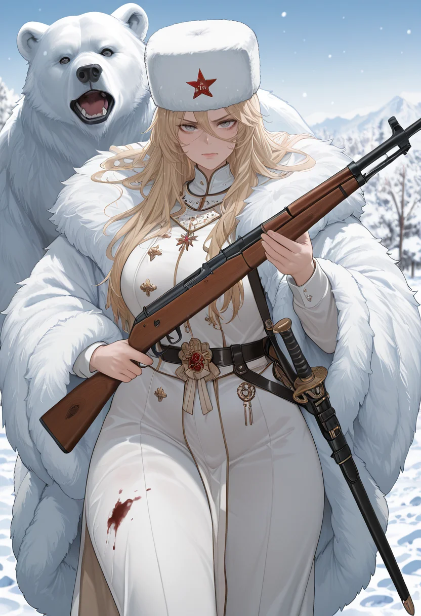 masterpiece, best quality, amazing quality, very aesthetic, absurdres, newest, realistic,
1girl, mature female, mother, cracked red star, long hair, blond hair, grey eyes, curvy, regal imperial attire, fur coat, serious, thick thighs, bear, dynamic, motion, snow, ice, looking at viewer, blood, bloody clothes, ak-47, Mosin-Nagant rifle, fur hat, cold palette, red, white, blue, bloody snow, ceremonial saber, scabbard, <lora:Dishwasher_1910_Style-IL:1> pkdish