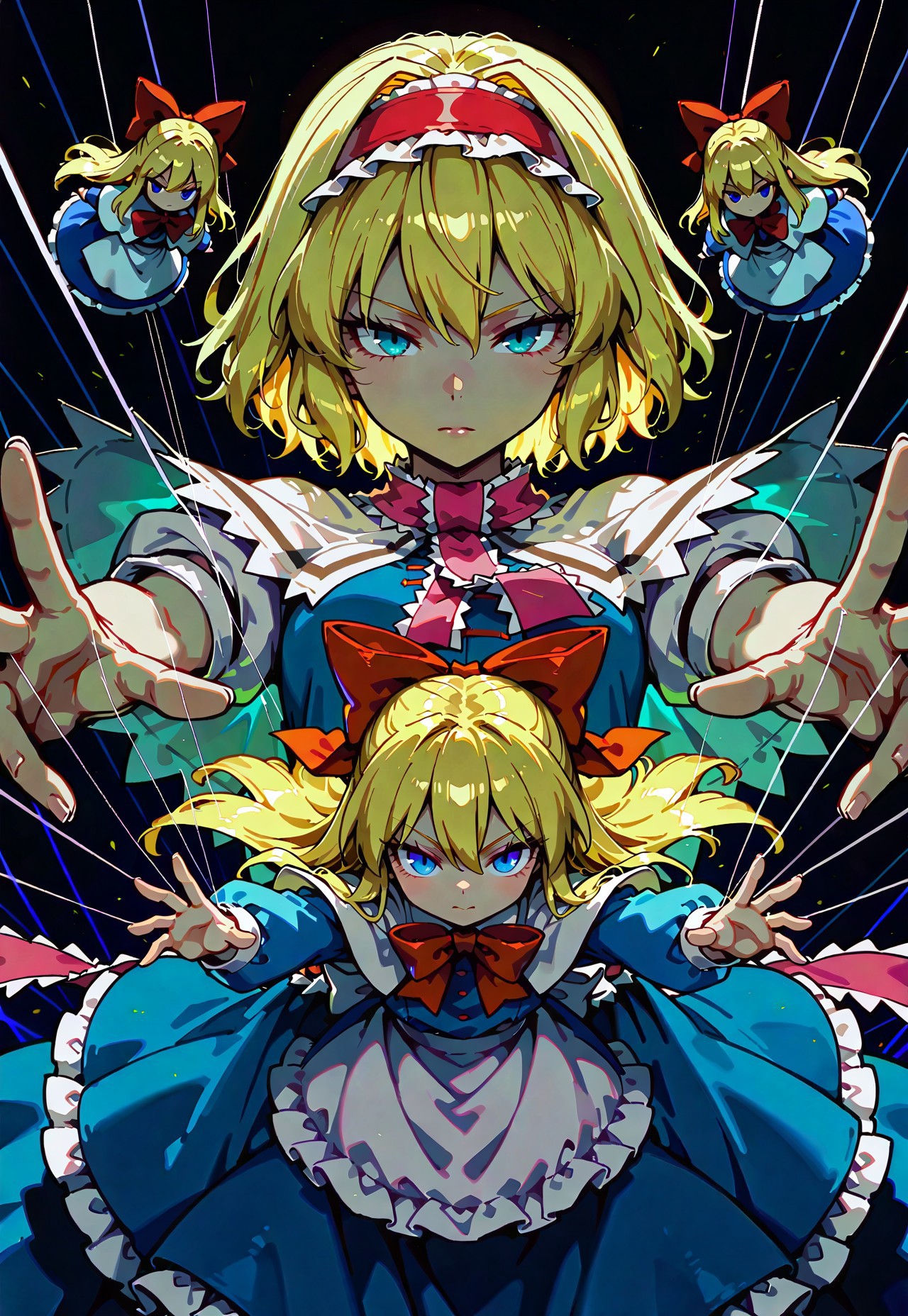 alice margatroid, hourai doll, shanghai doll, short hair, looking at viewer, tsurime eyes, puppet strings, close-up, dynamic pose, dynamic attack pose