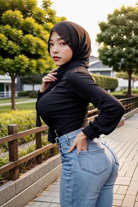 masterpiece, best quality, RAW photo, (photorealistic:1.37, realistic), highly detailed CG unified 8K wallpapers, 8k uhd, dslr, soft lighting, high quality, film grain, Fujifilm XT3, Asian girl, 25 year old in hijab, thick body, sexy, big breast, ass, long shirt, jeans, standing outside, hall, Photo texture adjuster