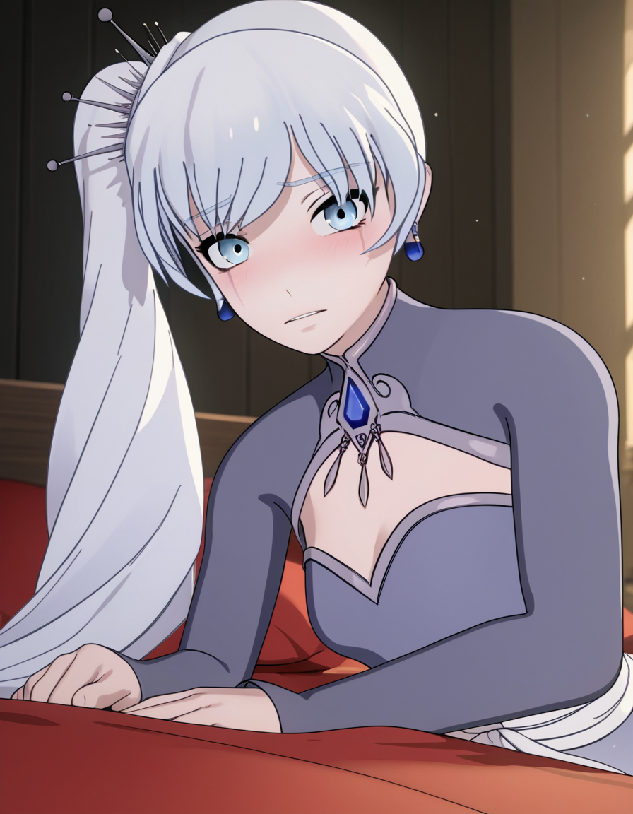 score_9, score_8_up, score_7_up, source_anime, <lora:weiss-schnee-ponyxl-lora-nochekaiser:1>, weiss schnee, long hair, blue eyes, hair ornament, ponytail, white hair, side ponytail, scar, tiara, scar on face, scar across eye,, dress, jewelry, earrings, blue dress,, indoors, bed, bed room, on side, blush, drunk, looking at viewer, solo, cowboy shot, dutch angle