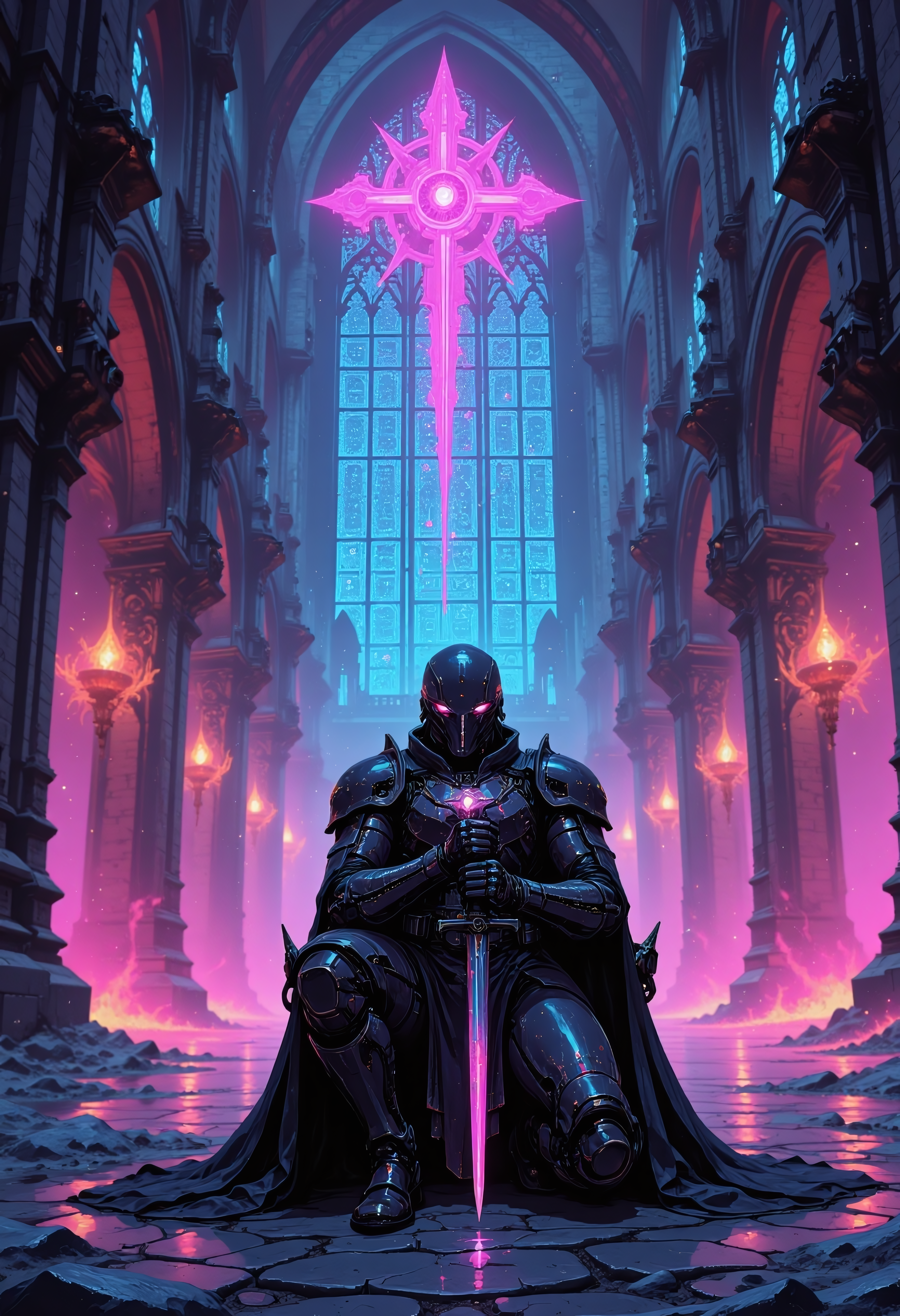 <lora:ck-chromatic-crusade_r1-000011:0.8>, in the style of ckcc, Beneath the towering pillars of a cyber-gothic cathedral, where sacred history collides with neon-soaked futurism, a lone rogue kneels in the shadows. Their armor—a sleek, matte-black exosuit laced with glowing, circuit-etched veins—shimmers as the holographic stained-glass windows cycle through encrypted patterns. A cybernetic eye, cold and analytical, scans for movement as their grip tightens around a dagger crafted from liquid metal, its surface shifting with nanotech precision. The cathedral hums with a low, omnipresent energy, its ancient carvings now fused with digital scriptures that flicker and rewrite themselves in real time. The rogue exhales sharply, heart syncing to the rhythm of the pulsing neon crucifix above. A moment of stillness—then motion, a shadow cutting through the kaleidoscope of multicolored light, silent yet charged with intent. The hunt begins.