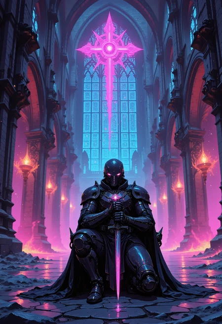 <lora:ck-chromatic-crusade_r1-000011:0.8>, in the style of ckcc, Beneath the towering pillars of a cyber-gothic cathedral, where sacred history collides with neon-soaked futurism, a lone rogue kneels in the shadows. Their armor—a sleek, matte-black exosuit laced with glowing, circuit-etched veins—shimmers as the holographic stained-glass windows cycle through encrypted patterns. A cybernetic eye, cold and analytical, scans for movement as their grip tightens around a dagger crafted from liquid metal, its surface shifting with nanotech precision. The cathedral hums with a low, omnipresent energy, its ancient carvings now fused with digital scriptures that flicker and rewrite themselves in real time. The rogue exhales sharply, heart syncing to the rhythm of the pulsing neon crucifix above. A moment of stillness—then motion, a shadow cutting through the kaleidoscope of multicolored light, silent yet charged with intent. The hunt begins.