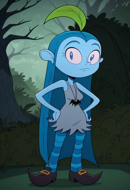 ((forest background)),score_9, score_8_up, score_7_up,score_6_up,
1girl, solo, Bluehilda_B, light blue skin, blue eyes, dark blue hair, long straight hair, large green leaf on the head, black painted nails, simple gray dress torn at the edges, black bat pendant, blue and black horizontal tights, black shoes with curved tips and gold buckle, big eyes, big ears, cute face, medium stature, perfect eyes, cowboyshot, hands on hips, looking at the viewer, standing, big breasts, huge hips, huge thighs, huge ass,