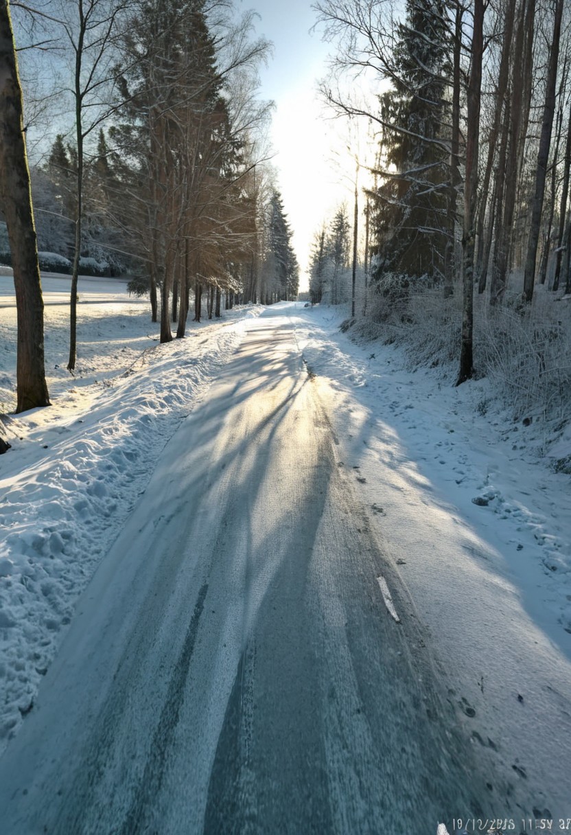 shit_cm_shot, photograph, winter road, snow-covered, clear blue sky, tall trees, leafless branches, car driving on right, shadow of person walking on left, sunlight, daytime, slight leading lines, rule of thirds, realistic, natural lighting, crisp air, peaceful, serene, cold, nature, outdoors, quiet atmosphere, winter landscape, no people, rural, calm, scenic, perspective from a low angle
