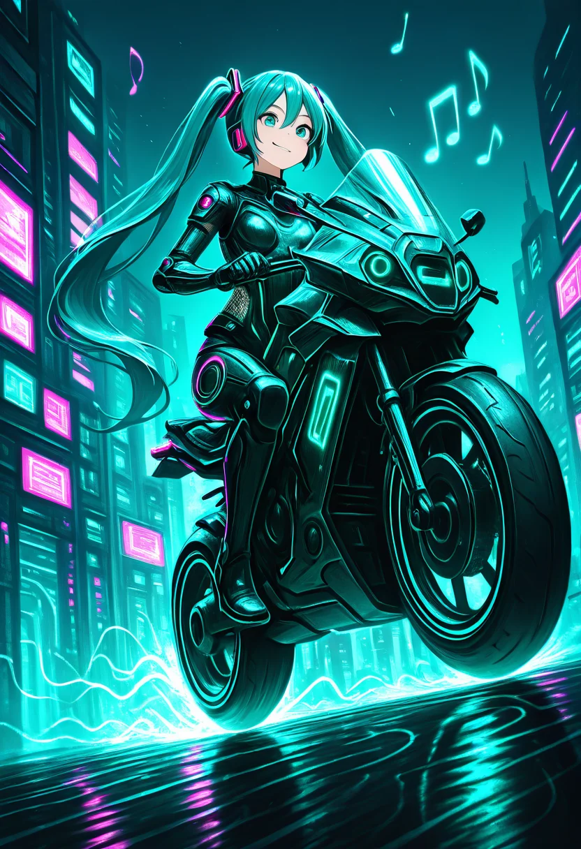 masterpiece, best quality,   AdFF, car, aqua theme, (music notes),   science fiction,   hatsune_miku, solo, 1girl, on motorcycle, speed lines, motion blur, city, fishnets, power armor, smirk, (foreshortening), dynamic angle,   <lora:AudioFileFuture_IXL_v1:1.0>,