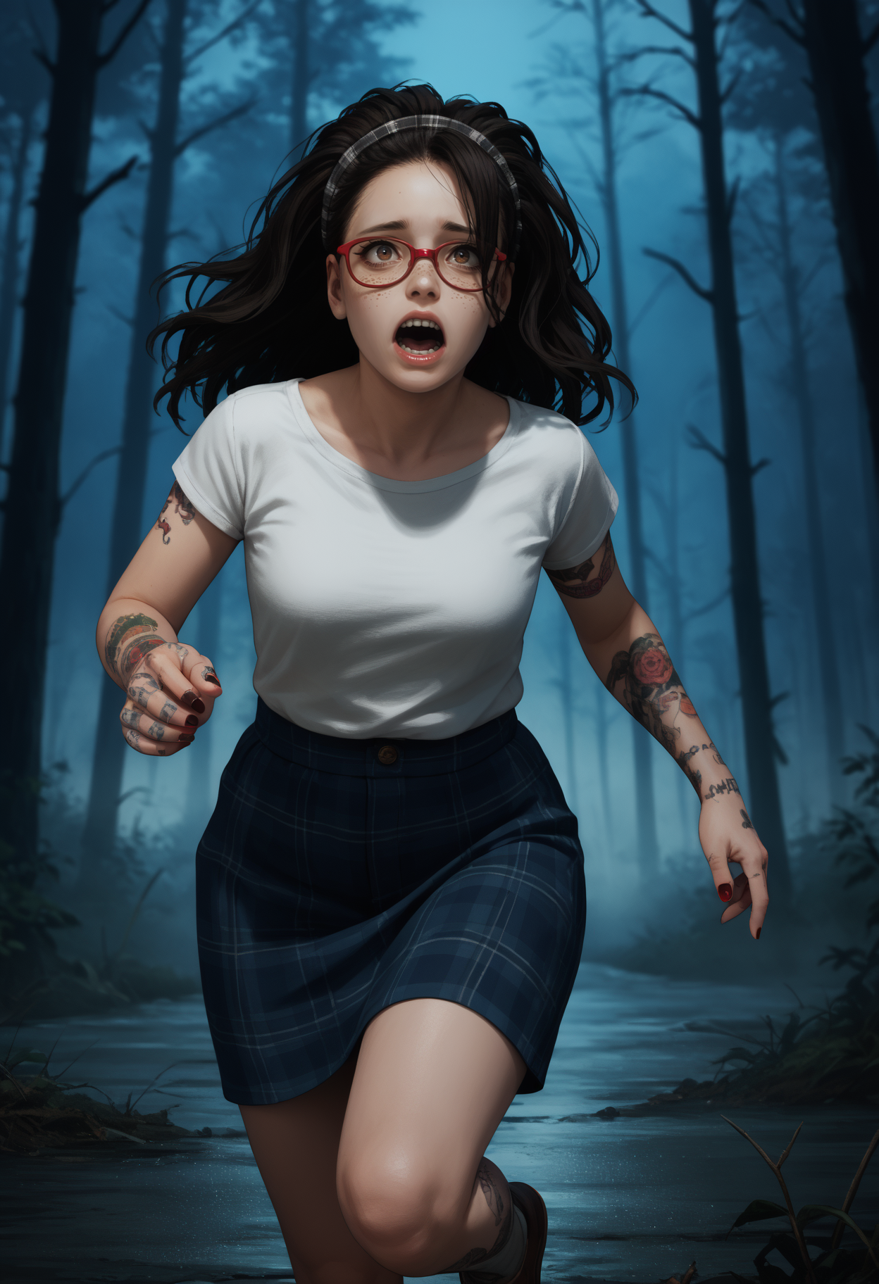 score_9, score_8_up,score_7_up, source_anime, 1girl, solo, <lora:DMCNC_pdxl_EliPot:1> Ncltt, mature female, 
black hair, long hair, brown eyes, glasses, red-framed eyewear, plaid hairband, freckles, 
arm tattoo, hand tattoo, nail polish, 
 outdoors, forest, night, scared, running, fog, horror \(theme\),