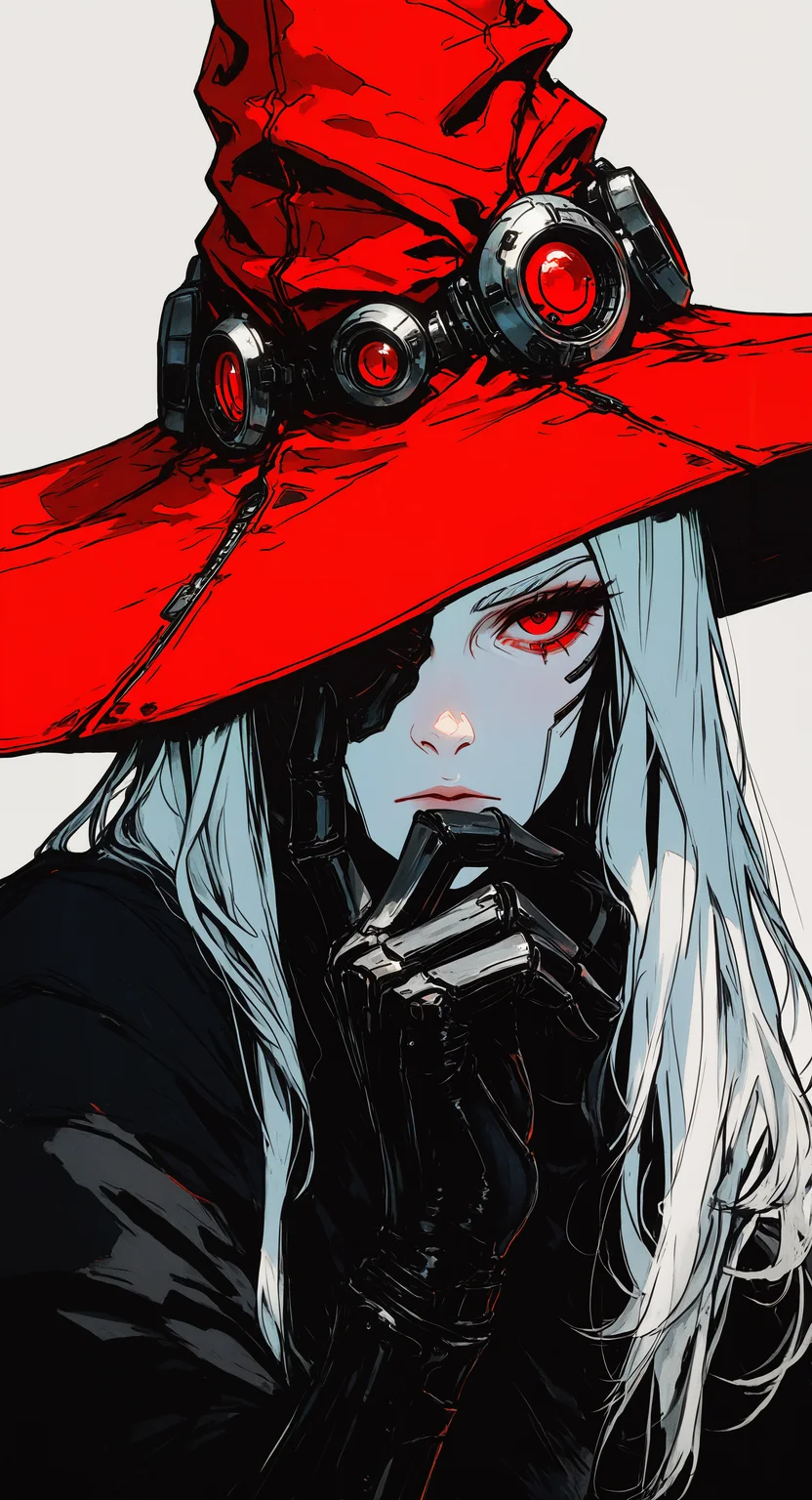 masterpiece, best quality, good quality, very aesthetic, absurdres, newest, 1girl, solo, long_hair, looking_at_viewer, simple_background, gloves, red_eyes, hat, closed_mouth, jewelry, upper_body, white_hair, black_gloves, hand_up, grey_background, hair_over_one_eye, witch_hat, expressionless, portrait, pale_skin, red_headwear, spot_color, one_eye_covered, hat_ornament, retro_artstyle, retro, cyberpunk,
FF Style <lora:ponyv6_noobV1_2_adamW-000017:0.7> <lora:USNR_STYLE_XL_lokr:0.45> <lora:MinimalColorSketchIllustriousV1:0.45> <lora:retro_scifi_artstyle_illustriousXL-000021:0.7>