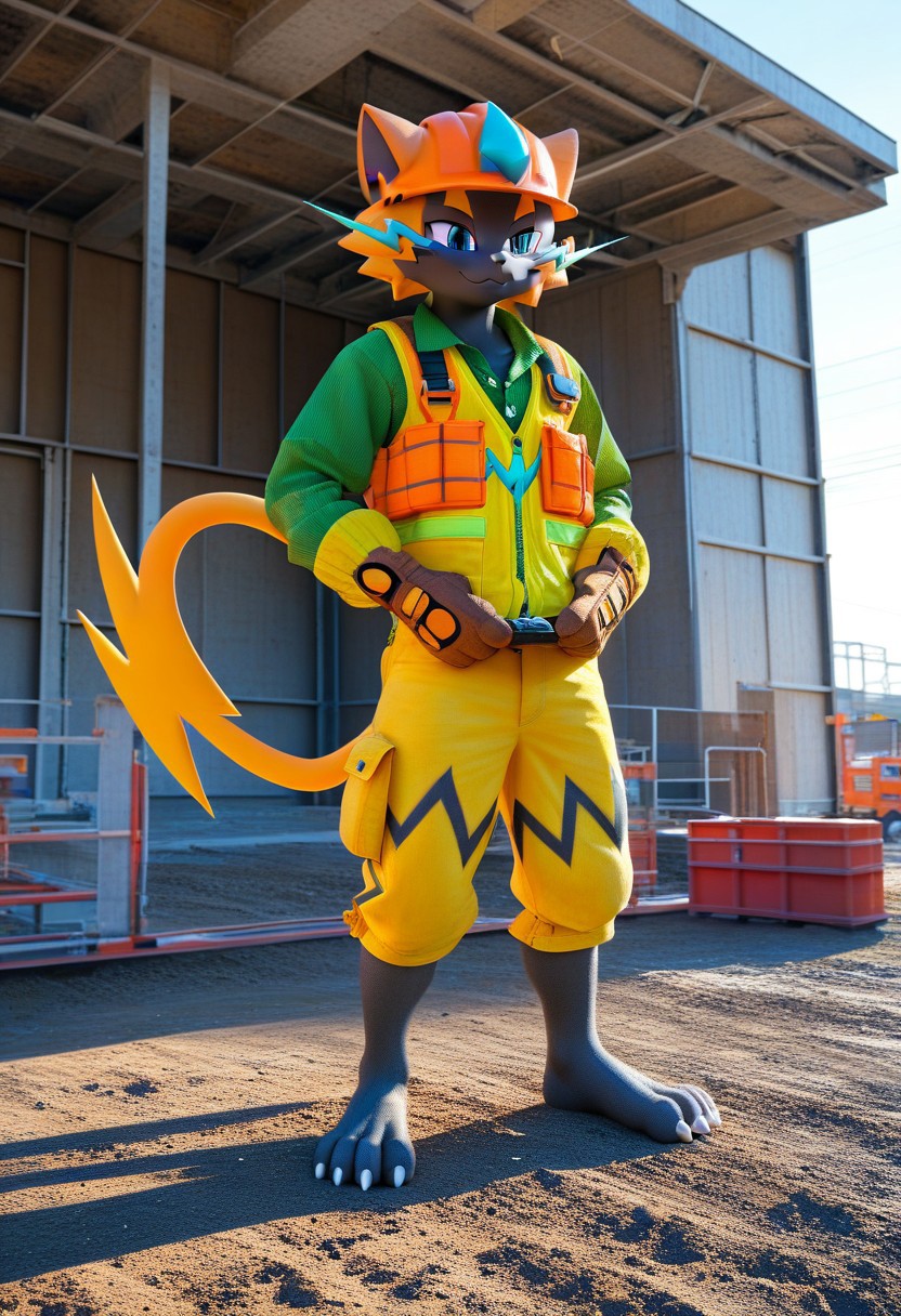 (((Barefoot furry character, full body, cinematic setting, furry male, plantigrade))) 
(((Zeraora))) dressed as (((construction worker))), standing before (((building in construction))), (((wearing green shirt with long sleeves, orange reflex vest, brown gloves and long brown working trausers))), holding blueprints, orange protective helmet on head. semi-realistic animation
BREAK, intricate details, highly detailed, extreme detail, octane render, fine art, best quality, highres, (detailed face:1.5), ((full_body)), UHD, (((perfect hands))), ((low light:1.5))