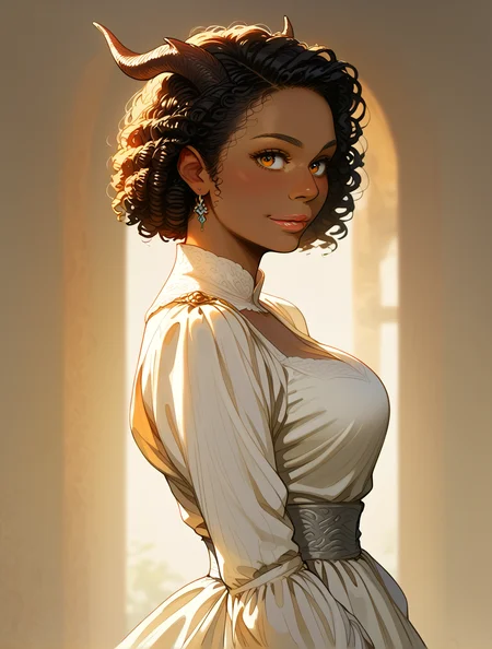 score_9, score_8_up, score_7_up, 1girl, solo, cowboy shot, from side, blush, intimate portrait, beautiful noble girl, black hair, short hair, curly hair, orange eyes, fantasy renaissance, medieval, realistic, victorian dress, parted lips, large breasts, red and black, dragon girl, dragon horns, light smile, (dark skin:1.4), sketch, textured background, loki \(marvel\), 
Antique Sketch, <lora:AntiqueSketch:1>, <lora:incase_style_v3_ponyxl_ilff:0.8>