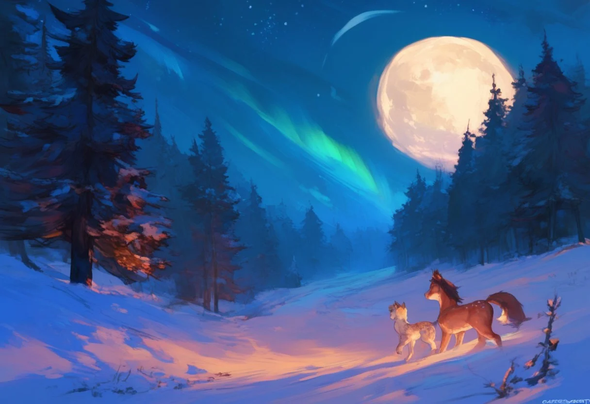 Score_9, score_8_up, score_7_up, score_6_up, 748cm, BM94199, RDJlock, ArawAraw, cutesexyrobutts, absurd res, detailed, amazing quality, vivid colors, newest, very aesthetic, highres), dim light, soft light, moon, dappled moonlight, aurora, night, moonlight, starry sky, pine forest, snow, winter, scenery, huge moon, cloudy sky,