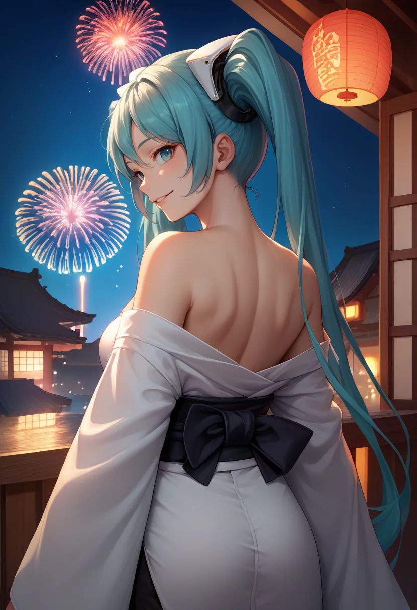score_9, score_8_up, score_7_up, source_anime, from behind, solo, 1girl, racingmiku2022, smile, looking back, twintails, white kimono, off shoulder, black sash, bare shoulders, fireworks <lora:vocaloid_racingmiku2022_ponyXL:1>