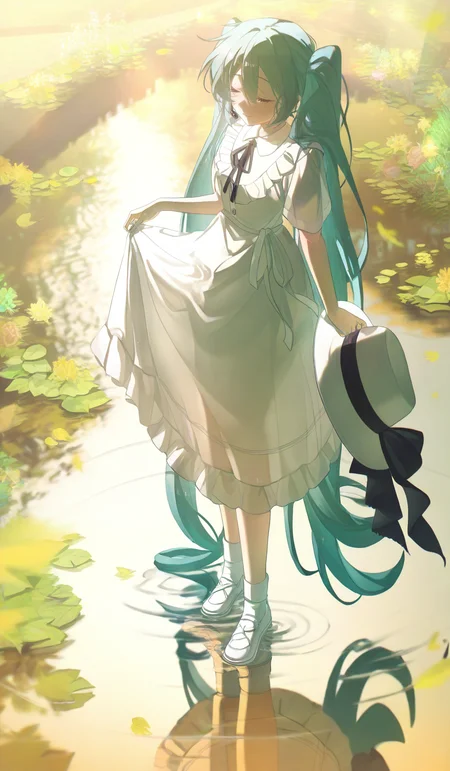 <lora:konya666 (5):1>,highres,absurdres,newest,very awa,masterpiece,best quality,year 2024,
\,
SenSen, 1girl, long hair, hatsune miku, solo, dress, closed eyes, very long hair, white dress, holding, reflection, twintails, standing, full body, water, aqua hair, leaf, white footwear, neck ribbon, short sleeves, plant, holding clothes, ribbon, flower, unworn headwear, frills, frilled dress, closed mouth, outdoors, wading, absurdly long hair, hair between eyes, holding hat, unworn hat, socks, blurry, smile, black ribbon, sunlight, ripples, white socks, shoes