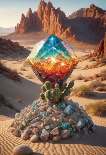 An awe-inspiring earth elemental made out of diamonds and rocks in an arid desert, sand, cactus, sun, prismatic, cinematic, colorful, style-nebmagic