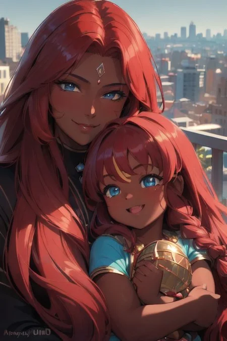 (masterpiece, best quality:1.4), (ultra realistic:1.4), (8k uhd, very high quality:1.4), (extremely detailed face:1.4), (dark skin and muscular mother holding her dark skin female child:1.4), (dark caramel skin:1.4), (absurdly long ruby red hair:1.4), (smiling and happy:1.4), (bright blue eyes:1.4), (city background:1.4)