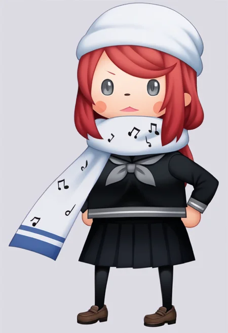 score_9, score_8_up, score_7_up, source_anime BREAK 1girl, solo,
<lora:zs_TheatrhythmStyleXL_1:1.1> theatrhythmstyle, chibi, white background, full body
<lora:Airiban-pdxl_Fp:1> airiban, red hair, grey eyes, long hair, white beanie, school uniform, black serafuku, scarf, musical note print, skirt, black thighhighs