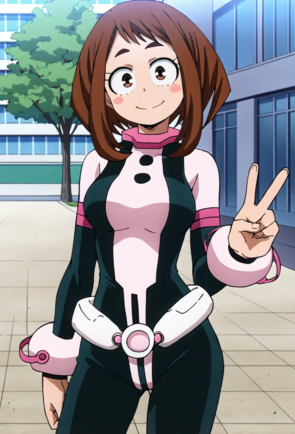 best quality, amazing quality, very aesthetic, absurdres,anime screencap, uraraka ochako, 1girl, brown hair,brown eyes, solo, superhero, hero bodysuit,(pink belt), pink wrist guards, closed mouth, contrapposto, medium breasts,arm behind back, peace sign,smile, blush stickers,looking at viewer, city, sidewalk, tree, head tilt,(from side:0.9) <lora:OchakoIllus:1>