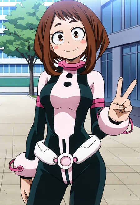 best quality, amazing quality, very aesthetic, absurdres,anime screencap, uraraka ochako, 1girl, brown hair,brown eyes, solo, superhero, hero bodysuit,(pink belt), pink wrist guards, closed mouth, contrapposto, medium breasts,arm behind back, peace sign,smile, blush stickers,looking at viewer, city, sidewalk, tree, head tilt,(from side:0.9)    <lora:OchakoIllus:1>