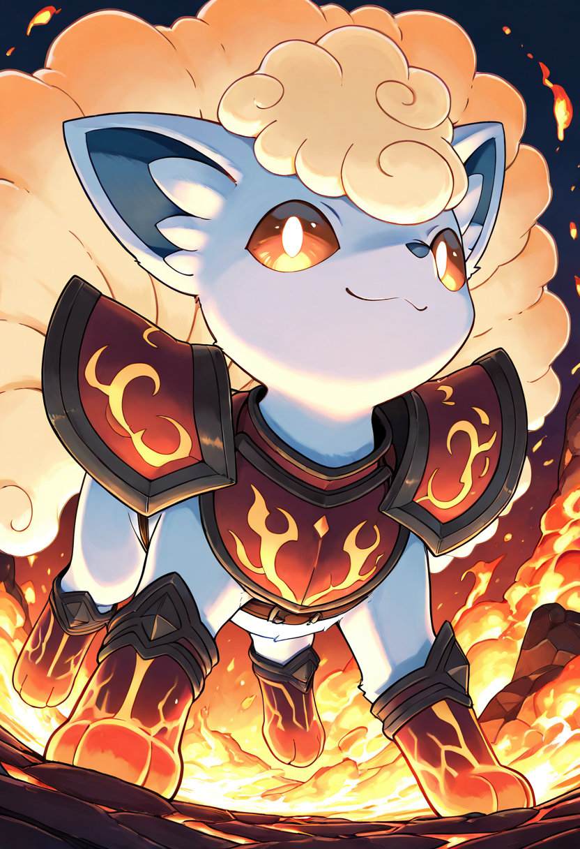 masterpiece, best quality, (no humans:1.1), solo, smile, looking at viewer, dynamic angle, foreshortening, close up,      zzVulpixA, fluffy, white fur,  ,<lora:VulpixAlolanPokedex_IXL_v1:1.0>,   [Lavaheart Magma Warden], lava-patterned armor glowing with molten veins, crimson and obsidian shoulder pauldrons, leather belt with flame insignia, heat-tinted cloak billowing like fire, stone-armored gloves, fiery boots, volcanic crater backdrop with rivers of magma, casting molten energy,