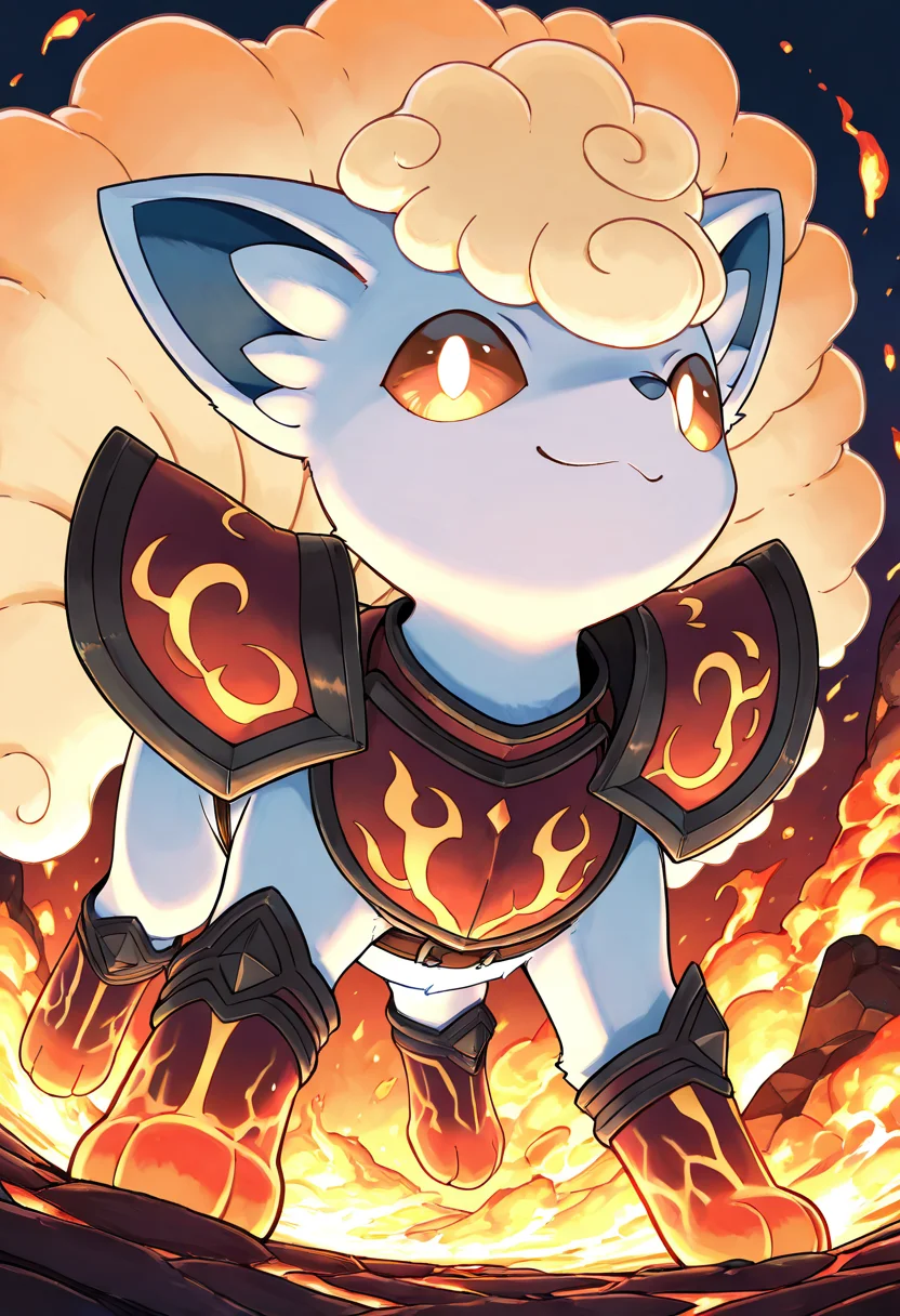 masterpiece, best quality, (no humans:1.1), solo, smile, looking at viewer, dynamic angle, foreshortening, close up,      zzVulpixA, fluffy, white fur,  ,<lora:VulpixAlolanPokedex_IXL_v1:1.0>,   [Lavaheart Magma Warden], lava-patterned armor glowing with molten veins, crimson and obsidian shoulder pauldrons, leather belt with flame insignia, heat-tinted cloak billowing like fire, stone-armored gloves, fiery boots, volcanic crater backdrop with rivers of magma, casting molten energy,