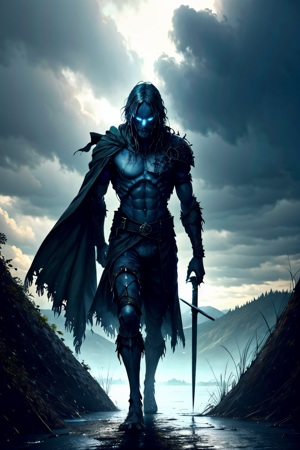 man,  dark, sword, cloud, 1boy, 1other, scenery, <lora:EdobMonsterMale2_v2.0:0.8>