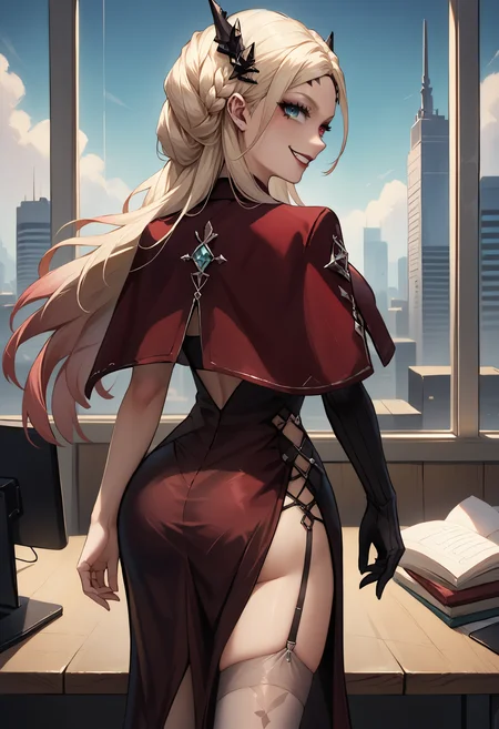 score_9,score_8_up,score_7_up, <lora:eireneptn-ponyxl-beta4-alt-12:1>, EirenePTN, platinum blonde hair, long hair, braided bun, gradient hair, black hair ornament, forehead mark, makeup, halterneck, sleeveless red dress, red cape, single elbow glove, black glove, indoors, office, glass, skyline, office desk, from behind, side slit, garter straps, grey thighhighs, thighs, standing, looking at viewer, looking back, heterochromia, behind desk, enigmatic, evil genius, evil smile, backlighting,