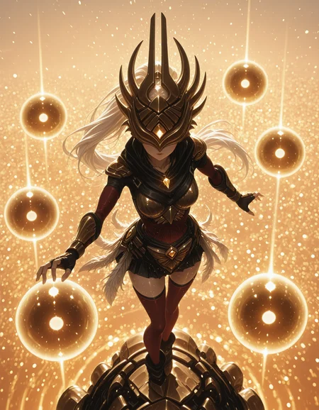 <lora:justicar_syndra_ill_v1.6:1> justicar_goddess, 1girl, armor, fingerless gloves, red thighhighs, long hair, necklace, fingertip white hair, crown, multiple golden  spheres, ponytail, <lora:Aura_illu:0.6> 4ur4_illu, glowing, glowing particles, glowing light particles, light particles,  <lora:re4lity:0.4> re4lity_sync_illu,  <lora:standing_on_the_edge:0.7> 5t4nd1ng_0n_3dg3