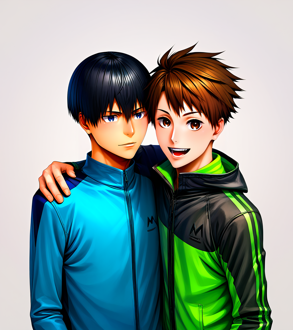 <lora:Kakeru_and_Haiji:1>,zPDXL2,2boys,multiple boys,upper body,BREAK,kakeru kurahara,black hair,blue-black jacket,hand on another's shoulder,arm around shoulder,BREAK,haiji kiyose,green-black jacket,open mouth,smile,