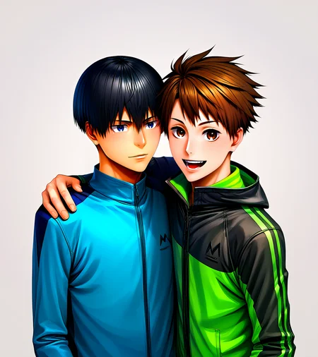 <lora:Kakeru_and_Haiji:1>,zPDXL2,2boys,multiple boys,upper body,BREAK,kakeru kurahara,black hair,blue-black jacket,hand on another's shoulder,arm around shoulder,BREAK,haiji kiyose,green-black jacket,open mouth,smile,