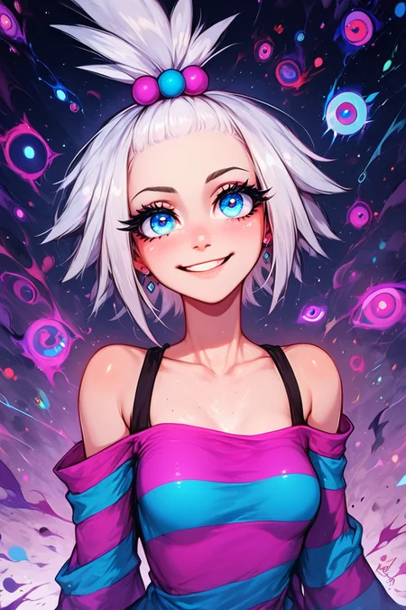 score_9, score_8_up, score_8, medium breasts, (curvy), cute, eyelashes, BREAK, , BREAK, zzRoxie, blue eyes, white hair, hair bobbles, topknot, striped dress, <lora:Roxie_Pokemon_PDXL_Citron:0.8>,, <lora:Occult_Oculi_Magic_PDXL:1.0>, occultoculi, , BREAK, smile, looking at viewer, cowboy shot, embedding:zPDXL, Expressiveh, <lora:SDXLFaeTastic2400:0.5>, <lora:Expressive_H-000001:0.4>,