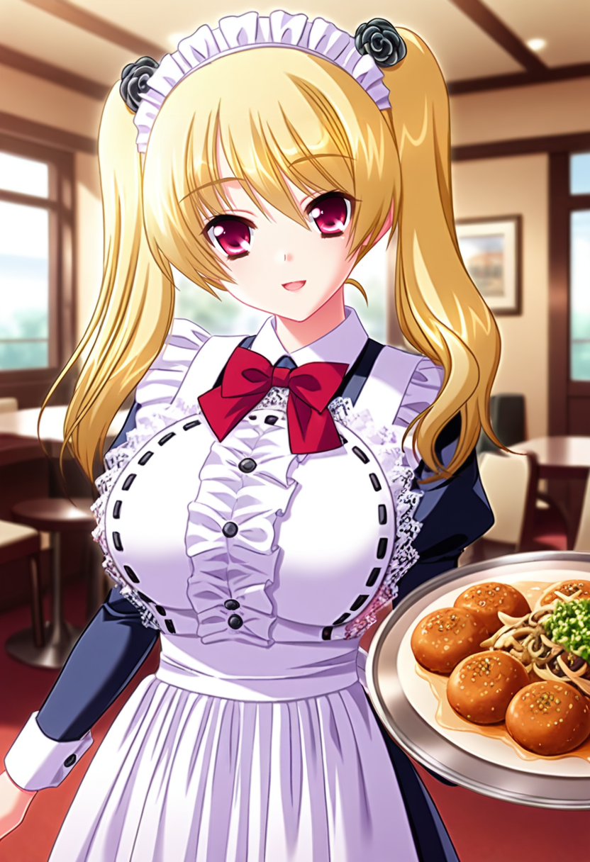 masterpiece, best quality, amazing quality,kitaooji rin, red eyes, blonde hair, twintails, long hair, 1girl, solo,maid headdress, breasts, large breasts, red bow, white apron, hair flower, black rose, maid dress, puffy sleeves, frills,open mouth, light smile, holding plate, arm at side, standing, looking at viewer, cowboy shot, indoors, restaurant, blurry background<lora:kitaooji rinV1:1>