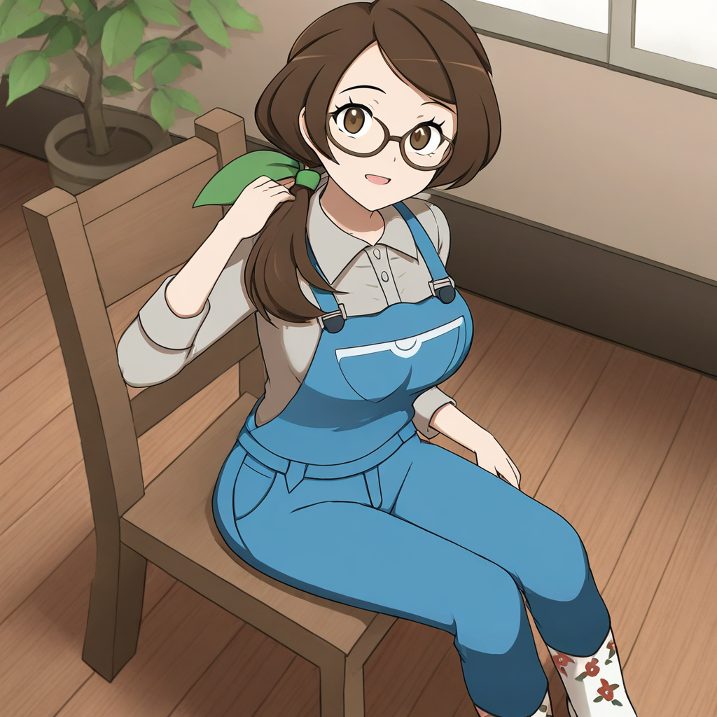 2d, masterpiece, best quality, amazing quality, highres, absurdres, newest, 1girl, solo, sitting, on chair, wooden chair, from above, dutch angle, looking at viewer, medium breasts, mature female, galarmom, brown eyes, brown hair, long hair, low ponytail, hair ribbon, green ribbon, glasses, brown-framed eyewear, collared shirt, grey shirt, three-quarter sleeves, sleeves rolled up, blue overalls, blue pants, boots, camellia print, white footwear