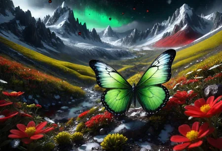 amazing quality, masterpiece, best quality, hyper detailed, ultra detailed, UHD, depth of field, mountains snowy peaks, (green butterfly), parking on (red floret), night, magic  mountains, fog, firefly, transparent and polishing ral-ntrgmstn, on side, darkness, glowing, (dazzling light:1.2), water droplets after rain,
<lora:ral-ntrgmstn:1.2>, 
<lora:add-detail-xl:0.8>,
<lora:quality1:0.8>,