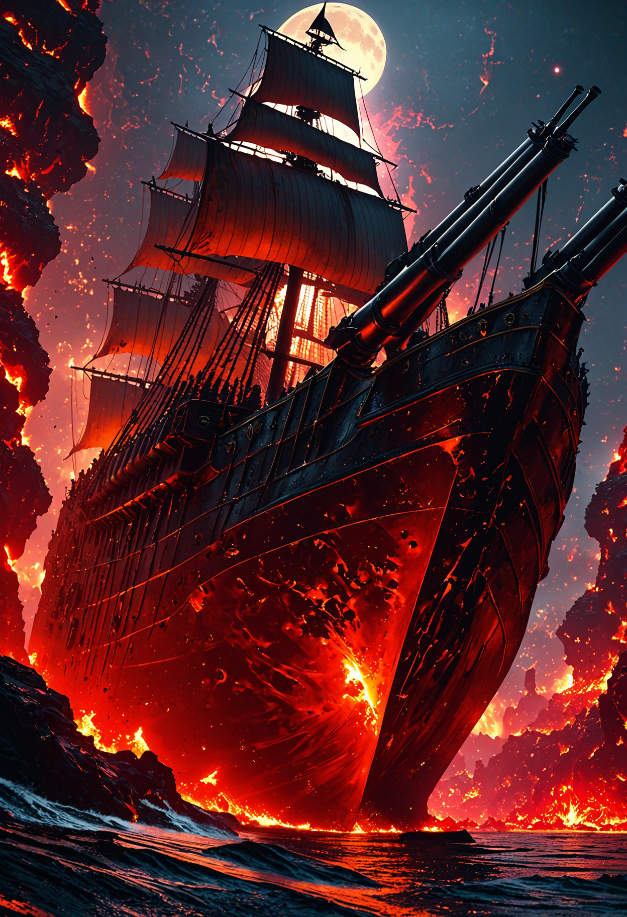 A pirate ship featuring many cannons and a black flag sailing in lava sea, moon is seen in background, hyper realistic, 8k, incredible, beautiful, frightening 
OverallDetailXL <lora:MJ52:0.3>  <lora:EpicF4nta5yXL:0.7>