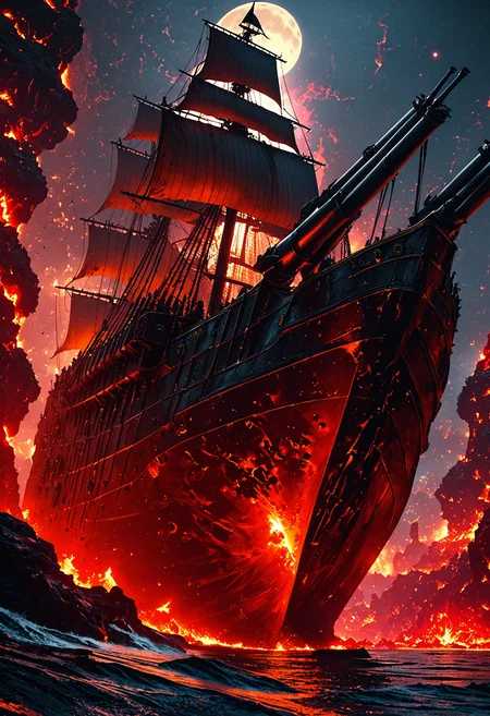 A pirate ship featuring many cannons and a black flag sailing in lava sea, moon is seen in background, hyper realistic, 8k, incredible, beautiful, frightening 
OverallDetailXL <lora:MJ52:0.3>  <lora:EpicF4nta5yXL:0.7>
