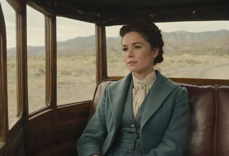 Elegant 65mm anamorphic Western character portrait, Evelyn 'Eve' Pemberton, mid-50s, wealthy widow, traveling to Red Rock, seated in a stagecoach, refined expression, medium shot framing, soft, natural lighting, muted color palette, The Hateful Eight film style