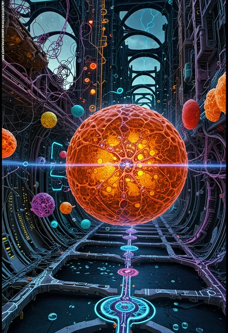 , Microscopic view of a blood orange cell structure, reimagined as a bustling metropolis with organelles as buildings, DNA strands as highways, and ribosomes as vehicles, all surrounded by a peel wall with border control, electron microscope level of detail, false-color imaging technique, inspired by Fritz Lang's "Metropolis" and cellular biology textbooks, radial symmetry composition, depth of field effects, exploring themes of social organization and the hidden complexity of the natural world.