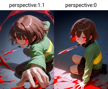 1girl, chara \(undertale\), undertale, perspective, extreme perspective, holding weapon, holding knife, floor, dappled sunlight, looking at viewer, hand on ground, fighting stance, running, crazy smile, staring, night, rushing, (motion blur:1.2), motion lines, from above, facing side, from behind, fighting, blood,
<lora:cfg_scale_boost:0.4>,<lora:nai_noob_new_1536:0.3>,<lora:nyaliaXLNBVP1lokrV6311P:0.3>, <lora:illustriousXL_stabilizer_v1.23:0.4>, <lora:perspective:1.1>,, (masterpiece, best quality, newest, highres:1.3), good quality, very aesthetic, absurdres, newest, very awa,