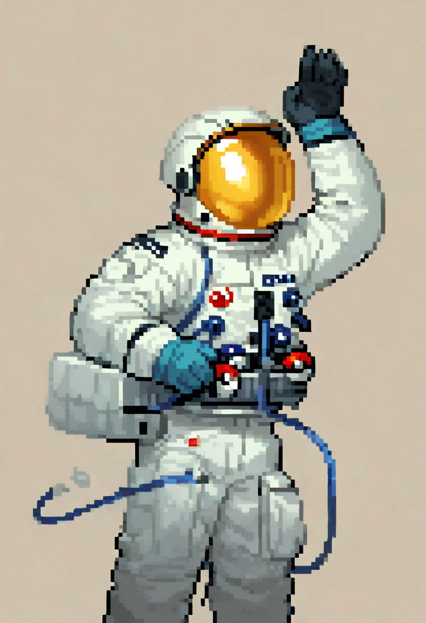score_9, score_8_up, score_7_up, Skylab_Suit, 1girl, solo,  a man in an astronaut suit, astronaut, helmet, gloves, one hand behind head, one arm outstretched, holding pokeball, Gold_Visor