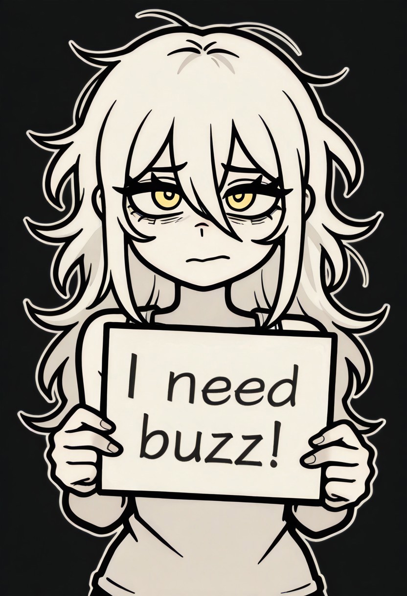 masterpiece, best quality, amazing quality, very aesthetic, absurdres, newest, 1girl, solo, looking at viewer, long hair, messy hair, messy bangs, simple background, white tank top, yellow eyes, hair between eyes, monochrome, shadow, black background, portrait, cofanl style, outline, white outline, need_buzz, holding sign