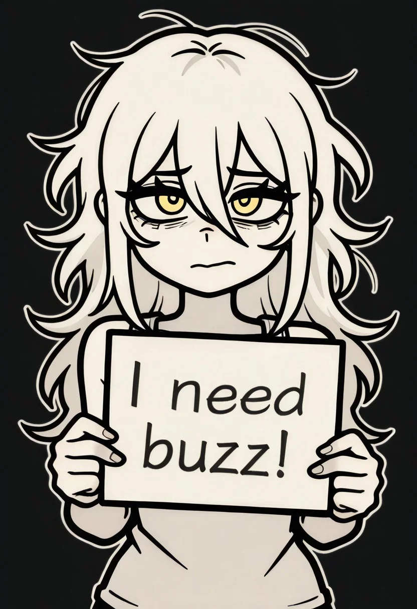 masterpiece, best quality, amazing quality, very aesthetic, absurdres, newest, 1girl, solo, looking at viewer, long hair, messy hair, messy bangs, simple background, white tank top, yellow eyes, hair between eyes, monochrome, shadow, black background, portrait, cofanl style, outline, white outline, need_buzz, holding sign